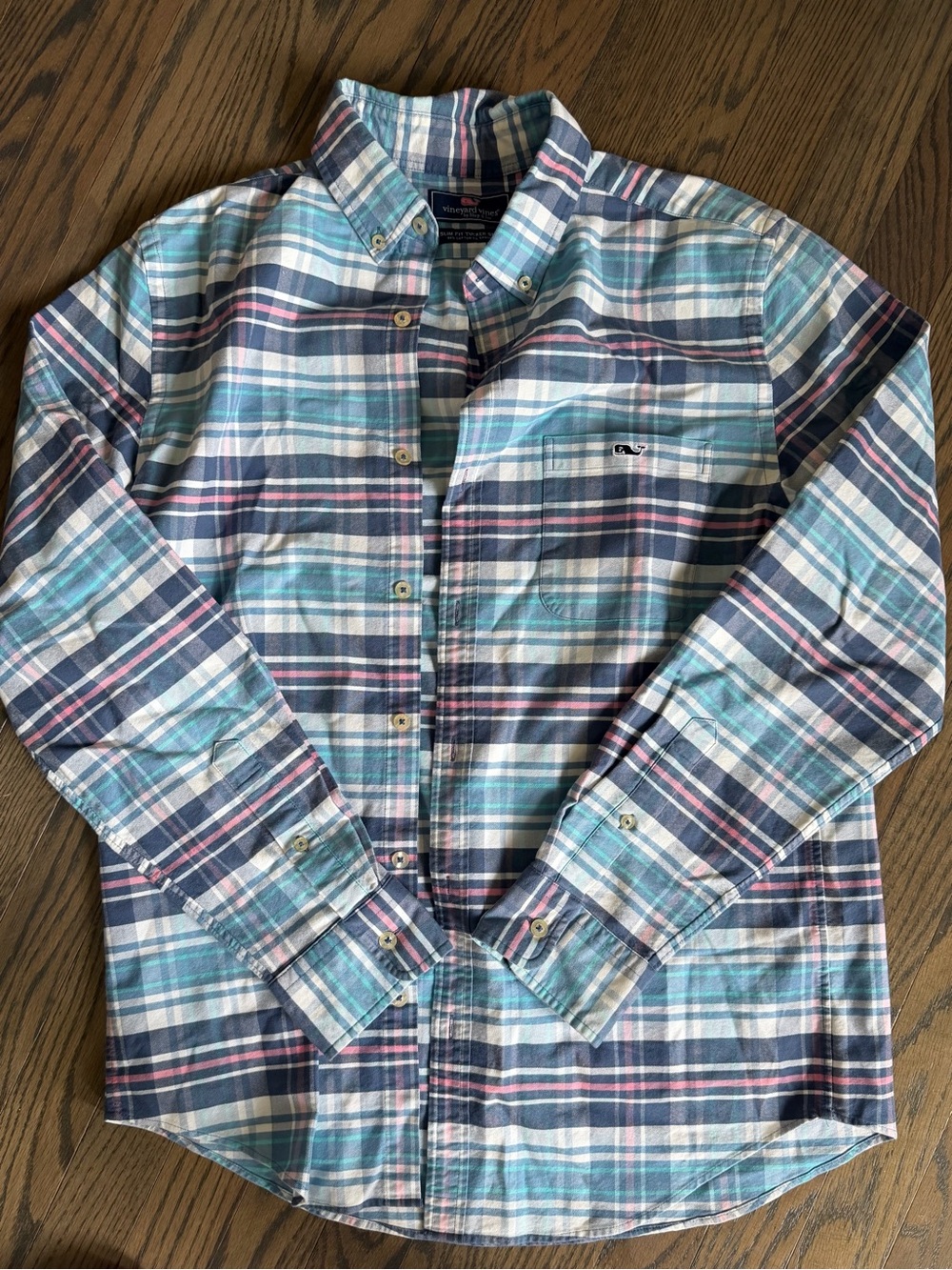 Vineyard Vines Men’s Navy & Pink Plaid Button-Down Slim Fit Tucker Shirt